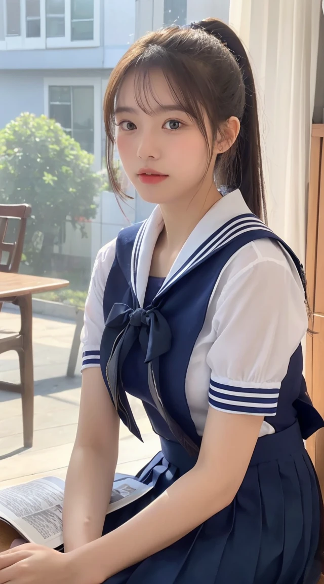 
((8k, top quality:1.5, ​Masterpiece, ultra high resolution, Realism)), 1 girl in, 17 years old, summer vacation, Highly detailed facial and skin textures:1.2, (In the library with the windows open, ponytail blowing in the wind, sit down and read a book:1.3), (extremely beautiful face:1.3, Beautiful woman with perfect style:1.1), (Ultramarine Ribbon Summer Sailor Suit:1.3, sheer feeling), (pleated skirt), Breasts in good shape, A pensive expression, faint smile, background blur, cute attitude, Quiet posture