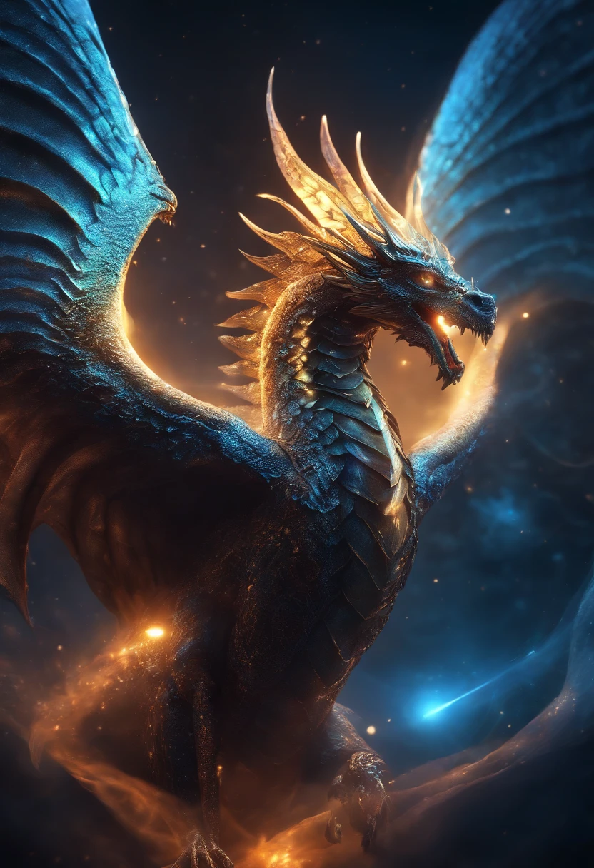 cosmic fallen angel, shining eyes of light, biomechanical, Creepy, Spooky, nightmarish, very bright colors, particles of light, light shines, Musif, wallpaper art, UHD Wallpapers　dragon