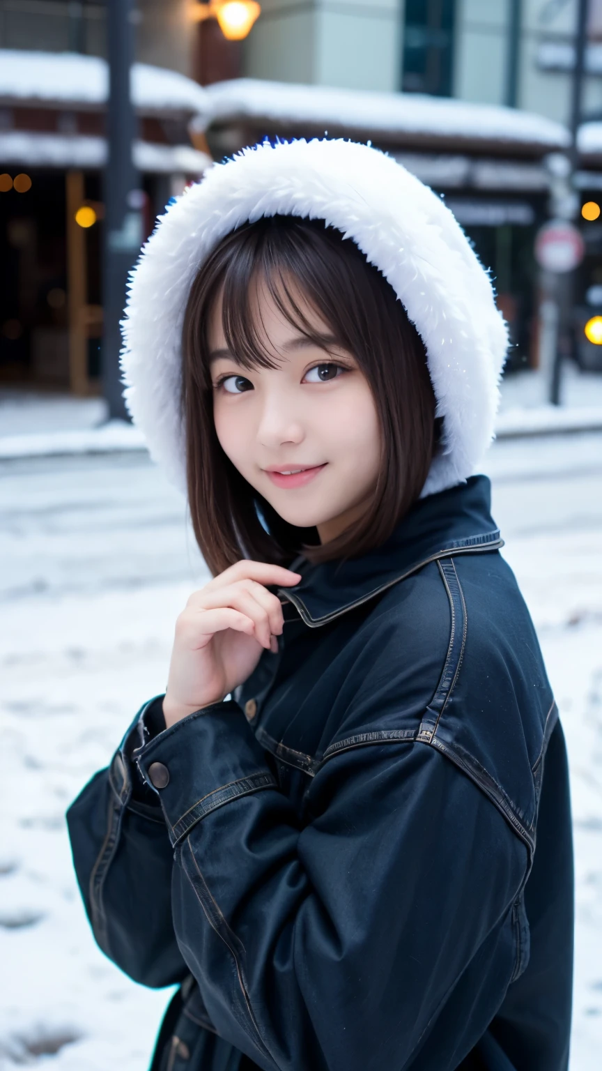 Best-quality, Masterpiece, Ultra-High-Resolution, (Photorealistic:1.4), Raw-Photo, 1girl, -yeld, thost famous Japanese idol, cowboy shot, face-focus, looking at viewer, innocent-smile, wearing only winter-clothes with cute-design, extremely cute face like the most popular Japanese-idol, ((extremely beautiful big-black-solid-circle-eyes)), extremely beautiful black-short-cut-haired, extremely beautiful skins, extremely beautiful long-eyelashes, extremely beautiful lips