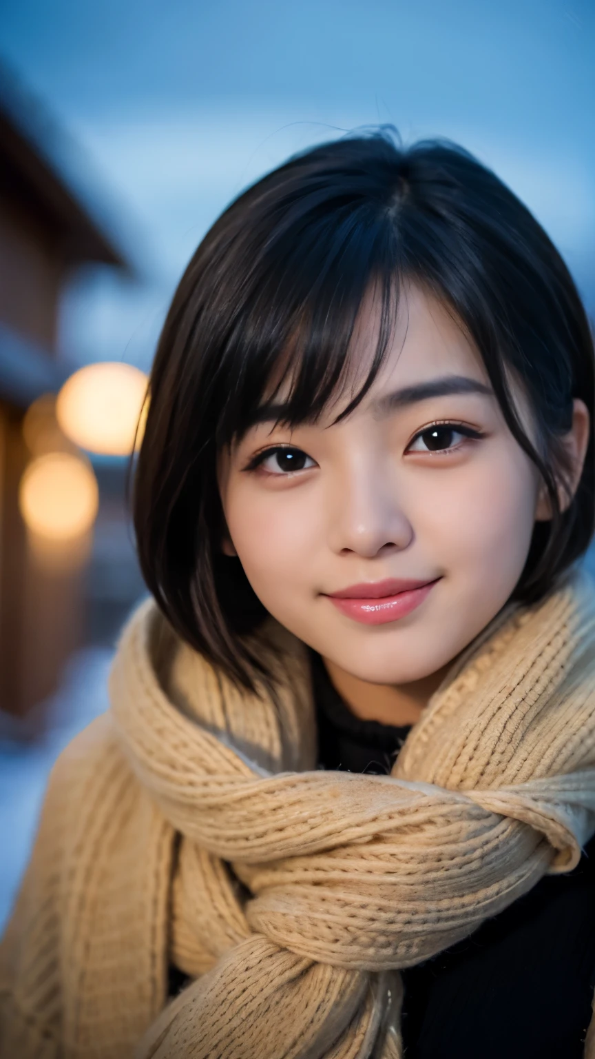 Best-quality, Masterpiece, Ultra-High-Resolution, (Photorealistic:1.4), Raw-Photo, 1girl, 15-years-old, the most famous Japanese idol, cowboy shot, face-focus, looking at viewer, innocent-smile, wearing only winter-clothes with cute-design, extremely cute face like the most popular Japanese-idol, ((extremely beautiful big-black-solid-circle-eyes)), extremely beautiful black-short-cut-haired, extremely beautiful skins, extremely beautiful long-eyelashes, extremely beautiful lips
