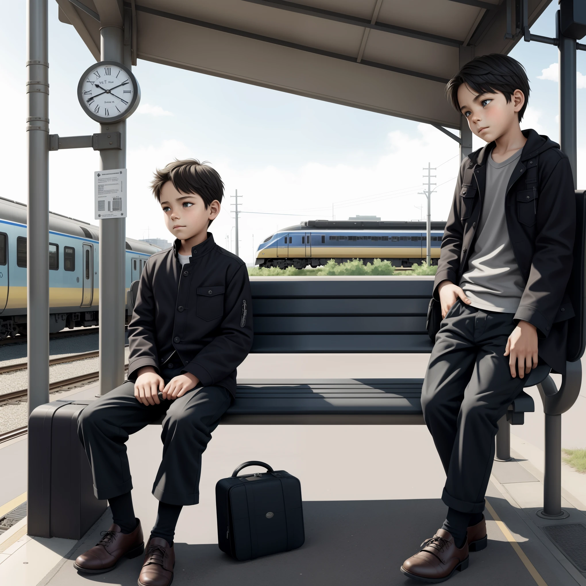 A boy sitting alone on a bench at the train station, holding a train ticket in his hand, his expression somewhat crestfallen. The background features a large clock, billboards, and train tracks. Behind him, people hustle and bustle, constantly coming and going. The boy wears simple clothing and a pensive expression, as if deep in thought. The artwork captures the essence of solitude and contemplation, showcasing the realism of everyday life and human emotions. The quality of the artwork is high definition and superior, emphasizing the details of the boy's expression and clothing.