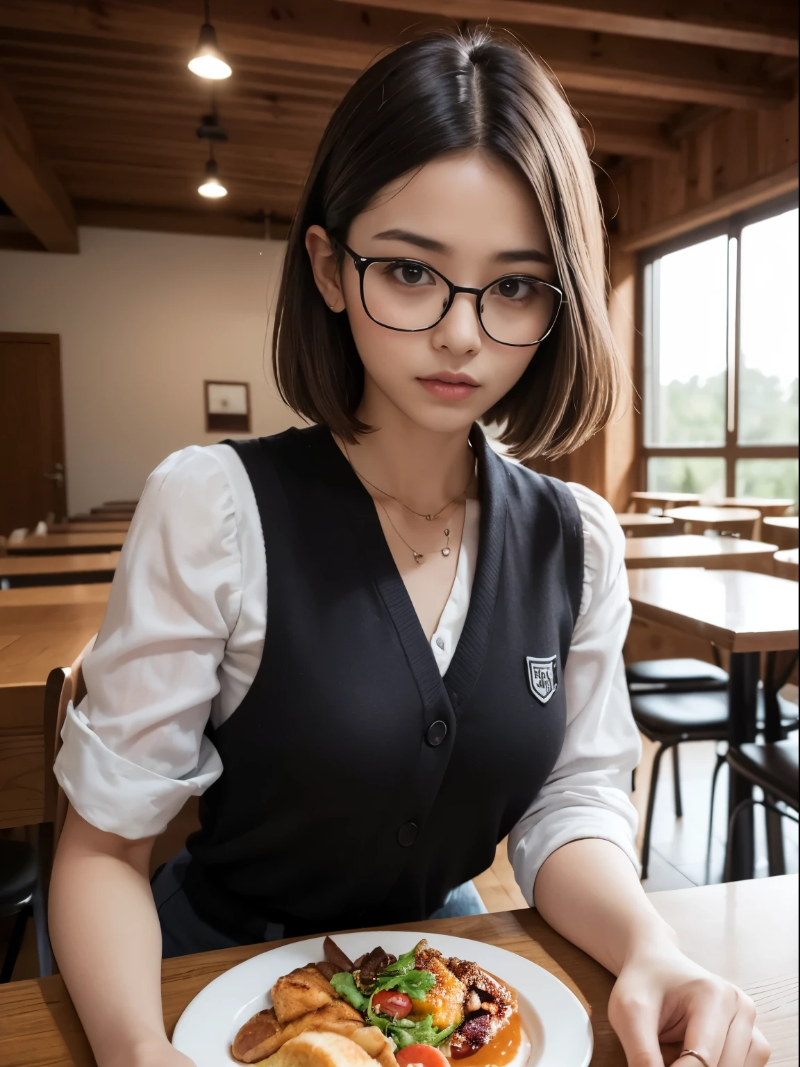 Sarada, Cabelo preto curto , olhos pretos, and with red glasses , nova com uma tez de pele clara , tem 18 anos , Este aumento de pesos , Parte superior do corpo , Seios gordinhos e gordinhos , Use uma roupa shinobi , It's in the dining hall of Shinobi Academy