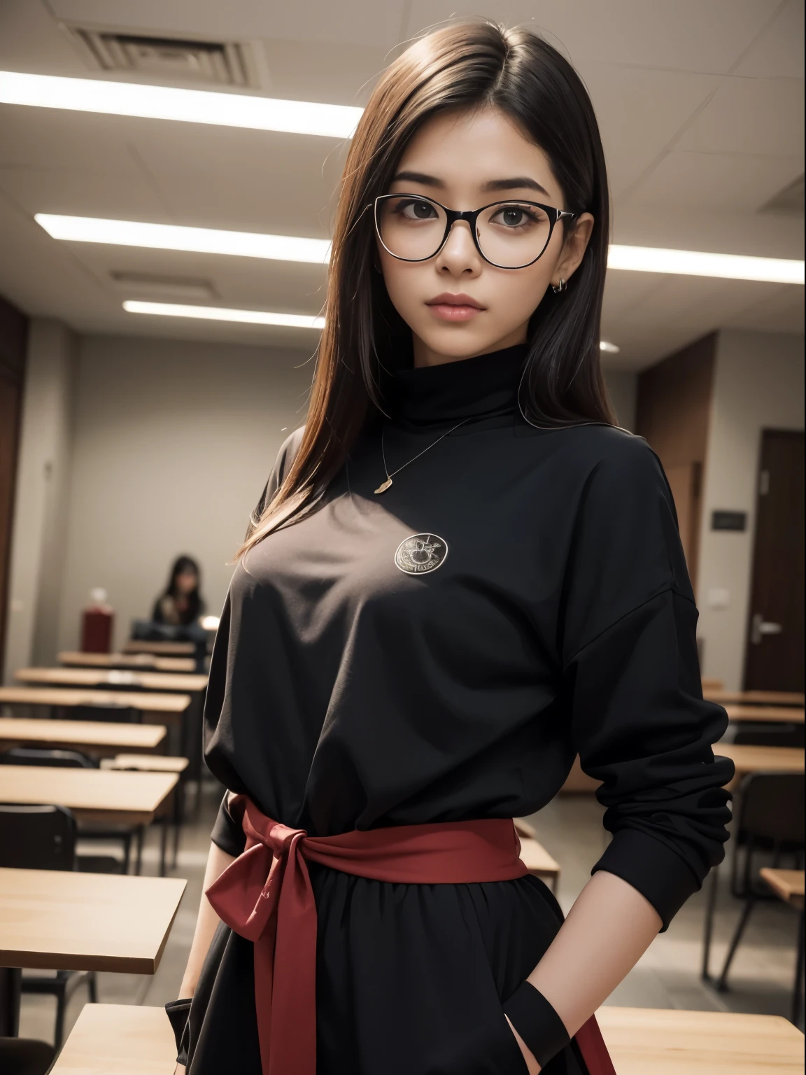 Sarada, Cabelo preto curto , olhos pretos, and with red glasses , nova com uma tez de pele clara , tem 18 anos , Este aumento de pesos , Parte superior do corpo , Seios gordinhos e gordinhos , Use uma roupa shinobi , It's in the dining hall of Shinobi Academy