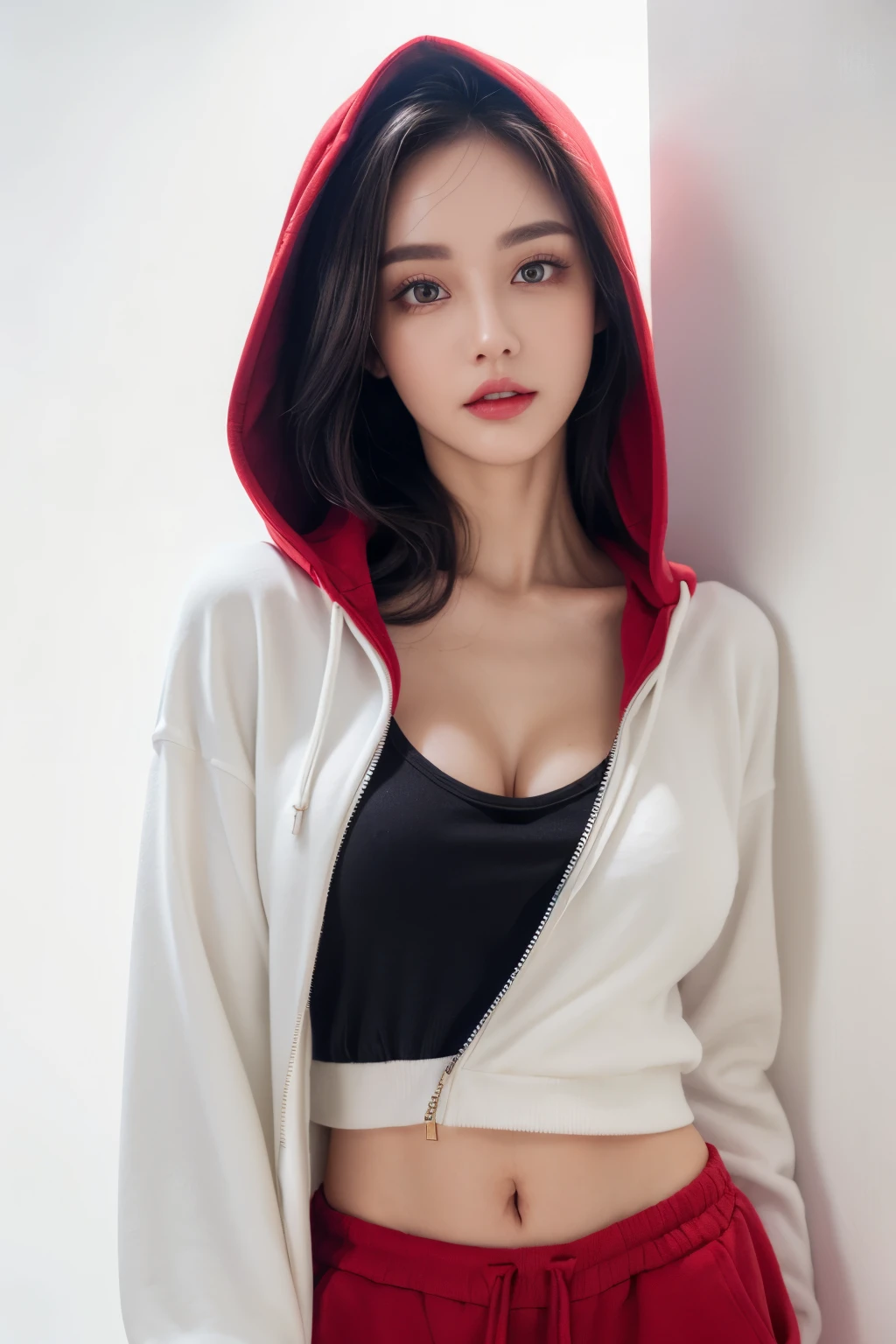 a woman, beautiful, amazing face and eyes, cosmetic, red glossy lips, (Extremely detailed beautiful face), (The sexiest look), (Hooded sweatshirt), (best quality), (Super detailed), (Extremely detailed CG unified 8k wallpaper),original photo, Professional photography, (standing), (pure white background),(black hair),(big eyes),(Soft light source),(A little cleavage),(shorts),(black top)