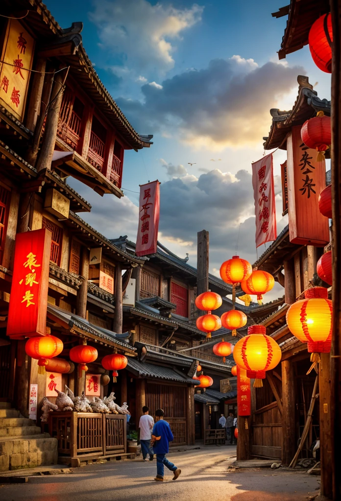 Chinese market, wooden houses, paved roads, red lanterns, advertising banners, fish, sharp realistic images