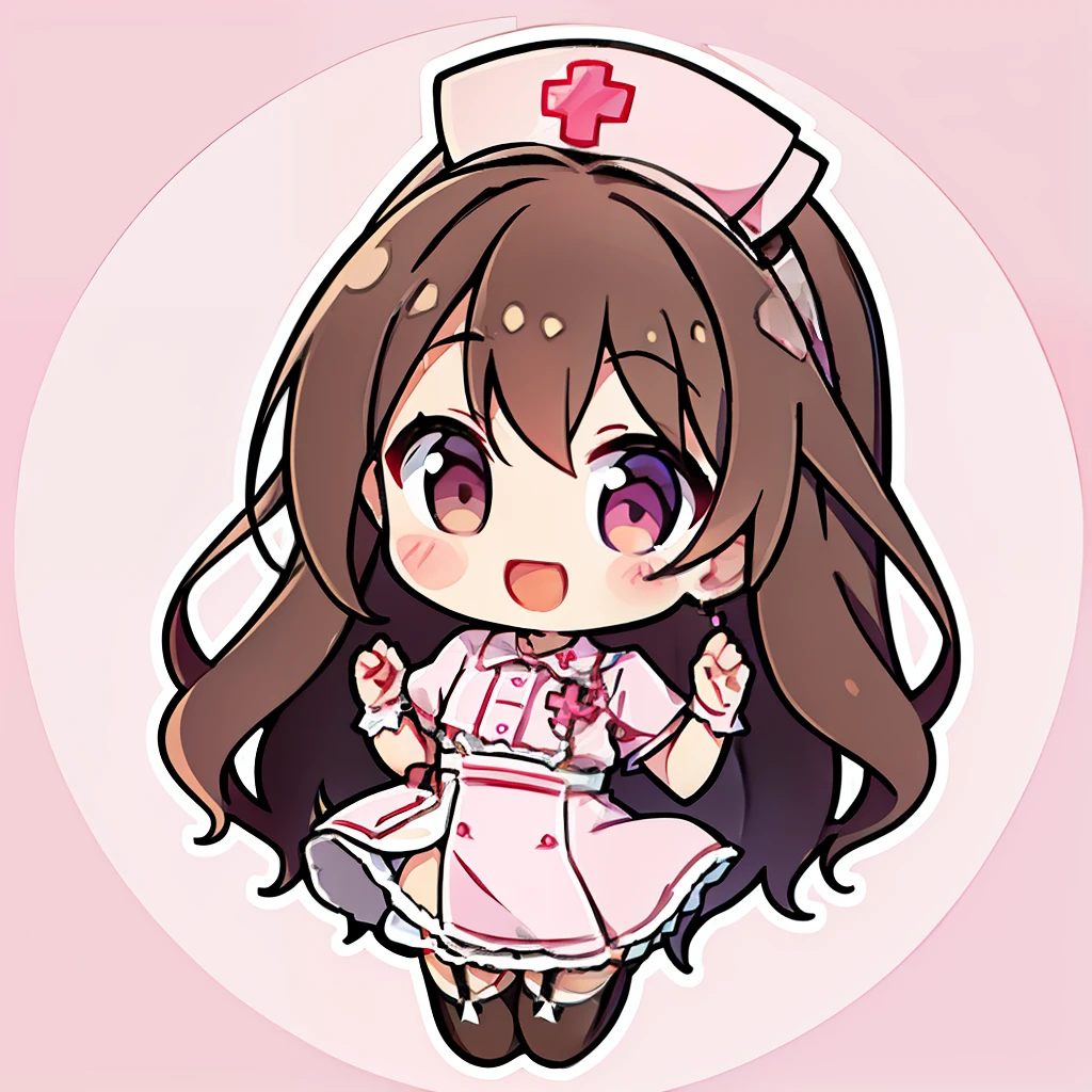 muste piece、super detailed、High quality、masterpiece、highest quality, 1 girl, light brown hair:1.5、wavy long hair、brown eyes、alone、Happy to raise both hands、happy smile、sexy nurse uniform、garter belt、garter stockings、cross mark nurse cap、{{pink background、 background:1.8}}、Full body Esbian、icon、