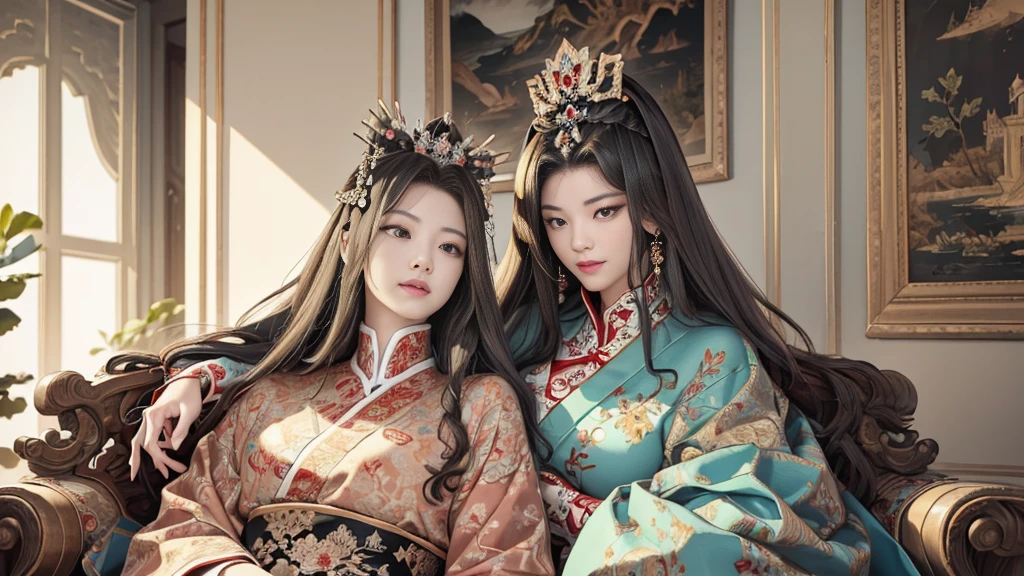 (8K, RAW photo, highest quality, masterpiece: 1.2), (realistic, realistic: 1.37), 1 girl, ancient China、In a room in the imperial court at the end of the Later Han Dynasty、The empress is sitting in a luxurious chair。The empress is華やかな服装で神々It has a nice aura of atmosphere.。The empress is綺麗な顔立ちで、She is wearing the fashionable hair ornaments of the time.。The empress is、He is smiling and facing forward.。