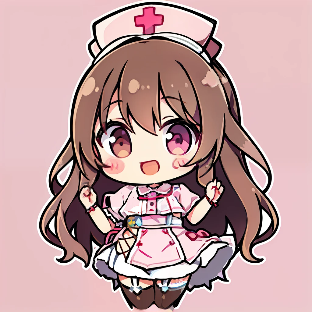 muste piece、super detailed、High quality、masterpiece、highest quality, 1 girl, light brown hair:1.5、wavy long hair、brown eyes、alone、Happy to raise both hands、happy smile、sexy nurse uniform、garter belt、garter stockings、cross mark nurse cap、{{pink background、 background:1.8}}、Full body Esbian、icon、