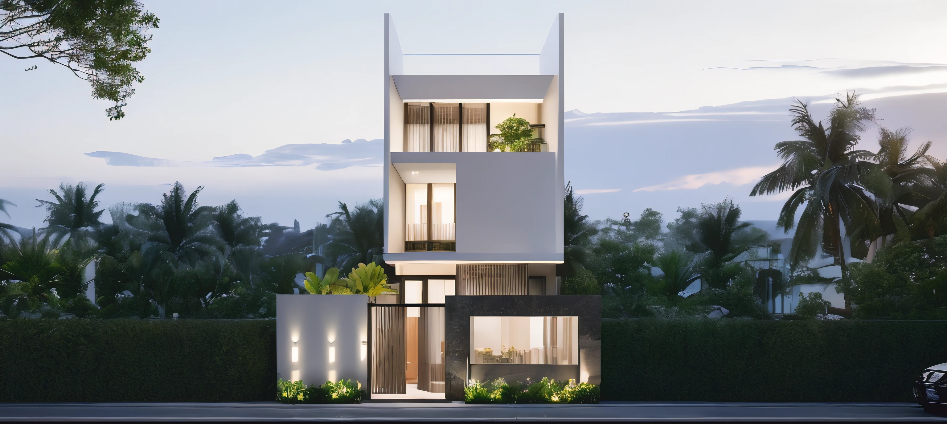 A (Photorealism:1.1) architect style indochine, car parked in front of a two story building, clean linework, frontview, inter dimensional villa, (white wall:1.1), White column and wall details, (detail roof tile:1.1), (window glass detail:1.1), (wall lamp) 3rd floor details, (Balcony fence details:1.1), exterior design, white detailed sketch, neo - classical style, architectural illustration, realistic architecture, architectural concept, residential design, (masterpiece),(high quality), best quality, real,(realistic), super detailed, (full detail),(4k),8k,architecture, RAW photo,Masterpiece, high quality, best quality, authentic, super detail, exterior, outdoor town house style, street, white wall, lobitum roof, refection glass windows, climbing plant on the bacony,(straight line architecture arch:1.2), trees, beautifuL sky, (day:1.1),vray, people walking on the sidewalk in front of a house, photo render, corporate photo, digitally enhanced, render, exterior shot, photorealistic, screengrab, (god ray:1.1), digitally painted, transparent, front-view, an illustration of, full - view, discovered photo, still capture, unreal engine 5, octane render, cinematic, front lighting, ultra-detail, ((realistic)) depth of field, photography, ((Super detailed)), FKAA, TXAA, RTX, SSAO, Post Processing, Post-Production, CGI, VFX, SFX, Full color, HDR, Realistic,8k,((Unreal Engine 5)), Cinematic intricate detail, extreme detail, science, hyper-detail, FKAA, super detail, super realistic, crazy detail, intricate detail, reflected light on glass, eye-catching wall lights, unreal engine 5, octane render, cinematic, 8K,Detailed, High-fidelity, Viwvid, Crisp, The sun shines on the project, Sharp, soft lighting, Bright, Stunning low, ((Lifelike)), Natural, ((Eye-catching)), Illuminating, Flawless, High-quality,Sharp edge rendering