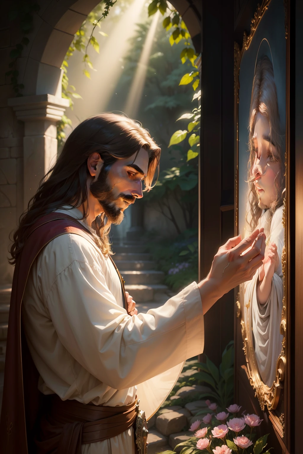 In the intricately crafted 4k UHD art piece, "A Contemplation of Eternity: The Healing Touch of Jesus," by the renowned artist Christophe Vacher, we witness a mystical scene of the beloved Savior, Jesus, engaged in an act of healing. The beautiful rendering demonstrates the serene and pensive expression on Jesus' face as He reaches out to touch the man, imbuing the scene with a sense of profound spiritual depth.

The background of this masterpiece is an enchanting garden landscape, where delicate flowers bloom and soft sunlight filters through the foliage, adding to the ethereal and dreamlike atmosphere. The man, standing before Jesus