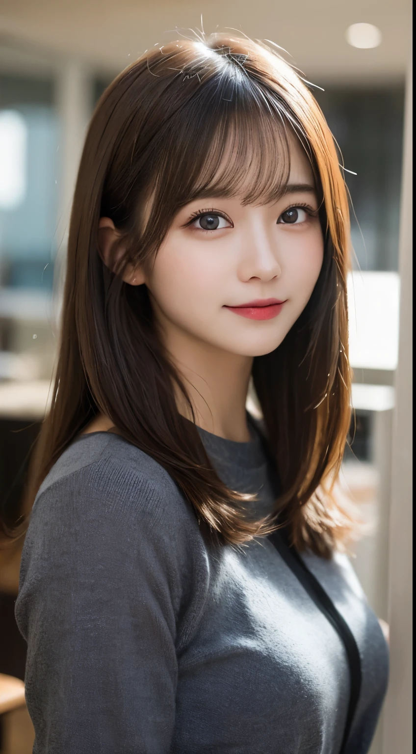 table top, highest quality, shape, Super detailed, finely, High resolution, 8k wallpaper, 完璧なダイナミックな構shape, beautiful and detailed eyes, long sleeve casual office clothes,medium hair,,natural color lip, bold sexy pose,smile,Harajuku、20 year old girl、cute、sexy shot looking at camera,Blur background,beautiful and detailed face，Take only the face,real photos