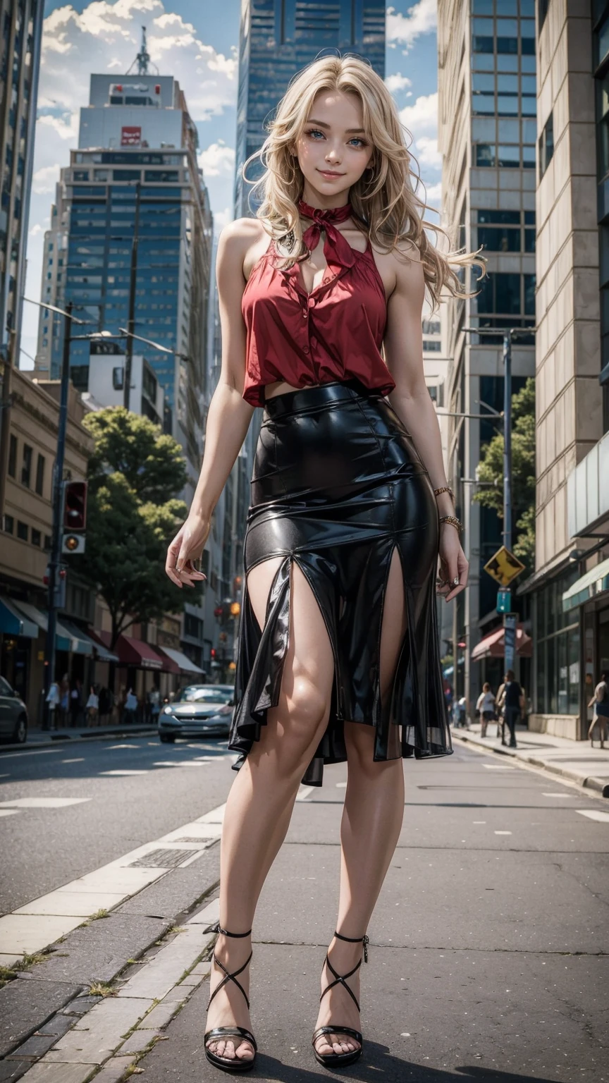 (highest quality, High resolution, masterpiece :1.3), 25-year-old Caucasian woman、platinum blonde、blue eyes、long hair、my hair is wavy、The ends of the hair are tied with a ribbon、smile、Slender but well-proportioned muscular body、I don't want my head to disappear from the screen.、wearing red nail polish、smile、wearing a long skirt、wearing high heels、Wearing a sheer sleeveless blouse、I'm on the sidewalk of a group of skyscrapers