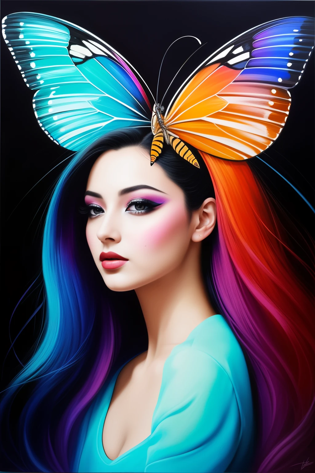 In the realm of surreal art, a captivating image emerges of a woman gracefully fused with the elegance of a butterfly, an uncropped vision of intrigue and beauty. The woman's hyperdetailed eyes, gleaming with a mystical allure, add an enchanting element to this otherworldly spectacle.
This mesmerizing scene is depicted in the style of a Tee-Shirt Design, with bold line art and a black background that serves as an engrossing contrast to the vivid colors and dynamic textures. The artistic process unfolds with ultra-detailed brush strokes, meticulously employing the technique of oil on canvas to bring this dreamscape