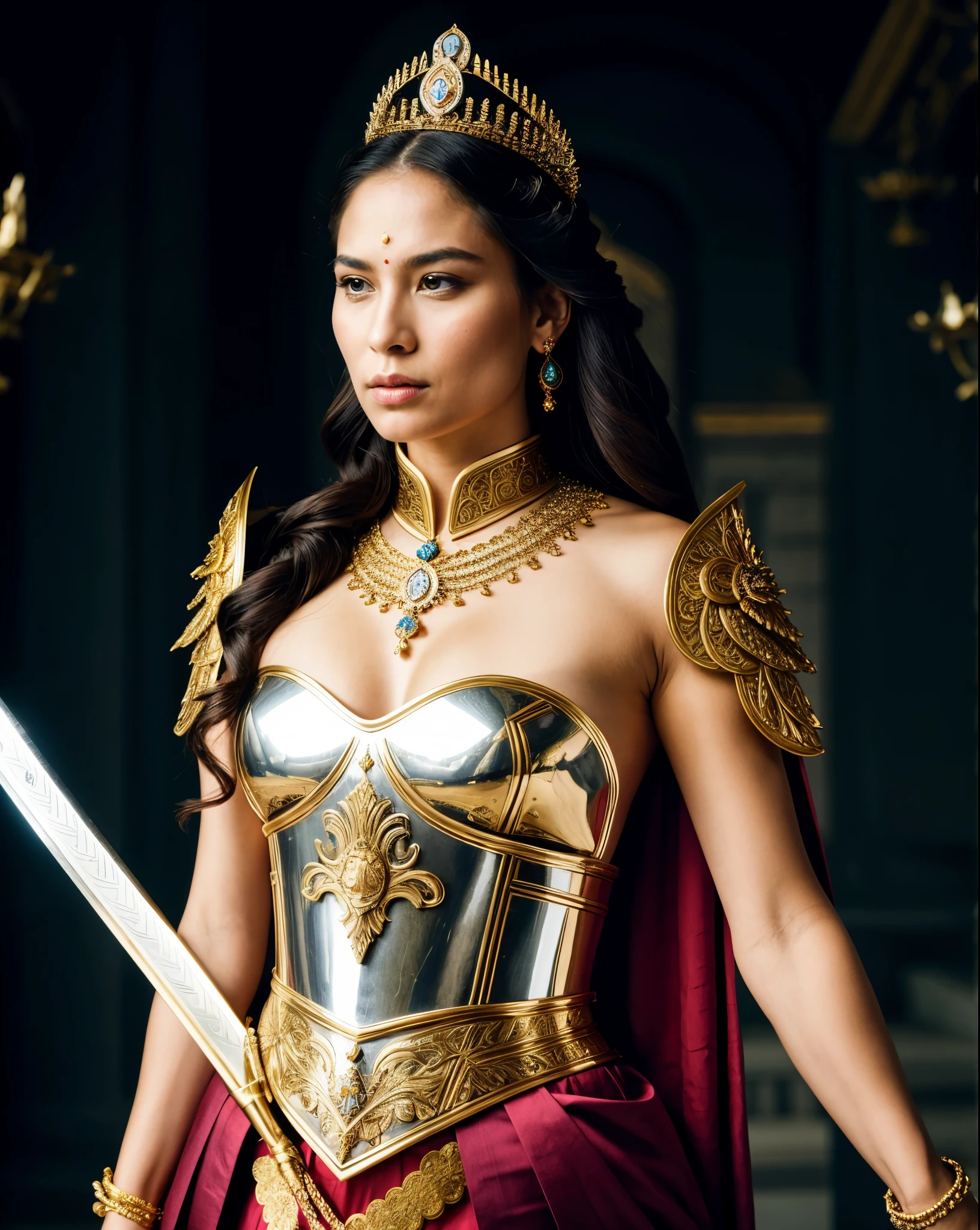 Looks like Kriti Sanon, "Design an illustration of a stunning and powerful warrior queen with a regal presence. She should possess a combination of strength and grace. Imagine her in ornate, yet practical armor that complements her figure. The armor should be adorned with intricate details and symbols representing her royal lineage and warrior prowess. Her weapon of choice could be a unique and elegant sword or a mythical weapon that reflects her status as a formidable leader.
Her facial features should exude confidence and determination, with piercing eyes that convey both fierceness and wisdom. The queen's hair, whether long or short, should flow dynamically, hinting at her movement in battle. Consider incorporating elements that emphasize her connection to nature or a mythical realm, such as ethereal backgrounds, symbolic animals, or mystical symbols.
Pay attention to the color palette; use rich, bold colors that enhance her royal aura. Experiment with lighting to highlight specific details and create a sense of drama. Ensure that her posture and expression capture the essence of a queen who commands respect and admiration. Feel free to draw inspiration from historical warrior queens or fictional characters, blending elements to create a unique and captivating image."