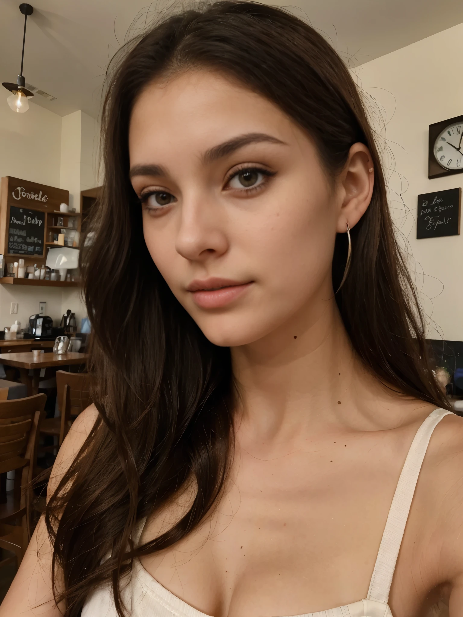 Photo of a 20 year old brunette woman, that has a very natural face, thin lips, thin eyes, thin eyebrows, thin nose, earrings, long eyelashes. She makes a cute selfie in a cafe