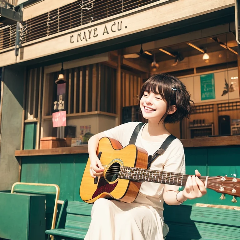 anime illustration、creation、masterpiece、A music staff lined with musical notes flows in a waving manner in the background.、A short-haired goddess is playing an acoustic guitar