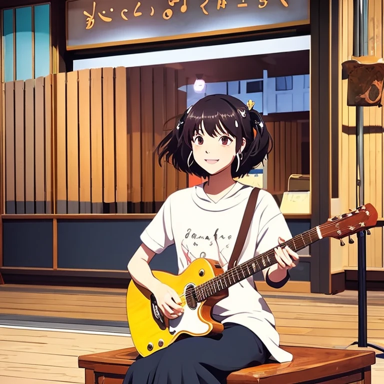 anime illustration、creation、masterpiece、A music staff lined with musical notes flows in a waving manner in the background.、A short-haired goddess is playing an acoustic guitar