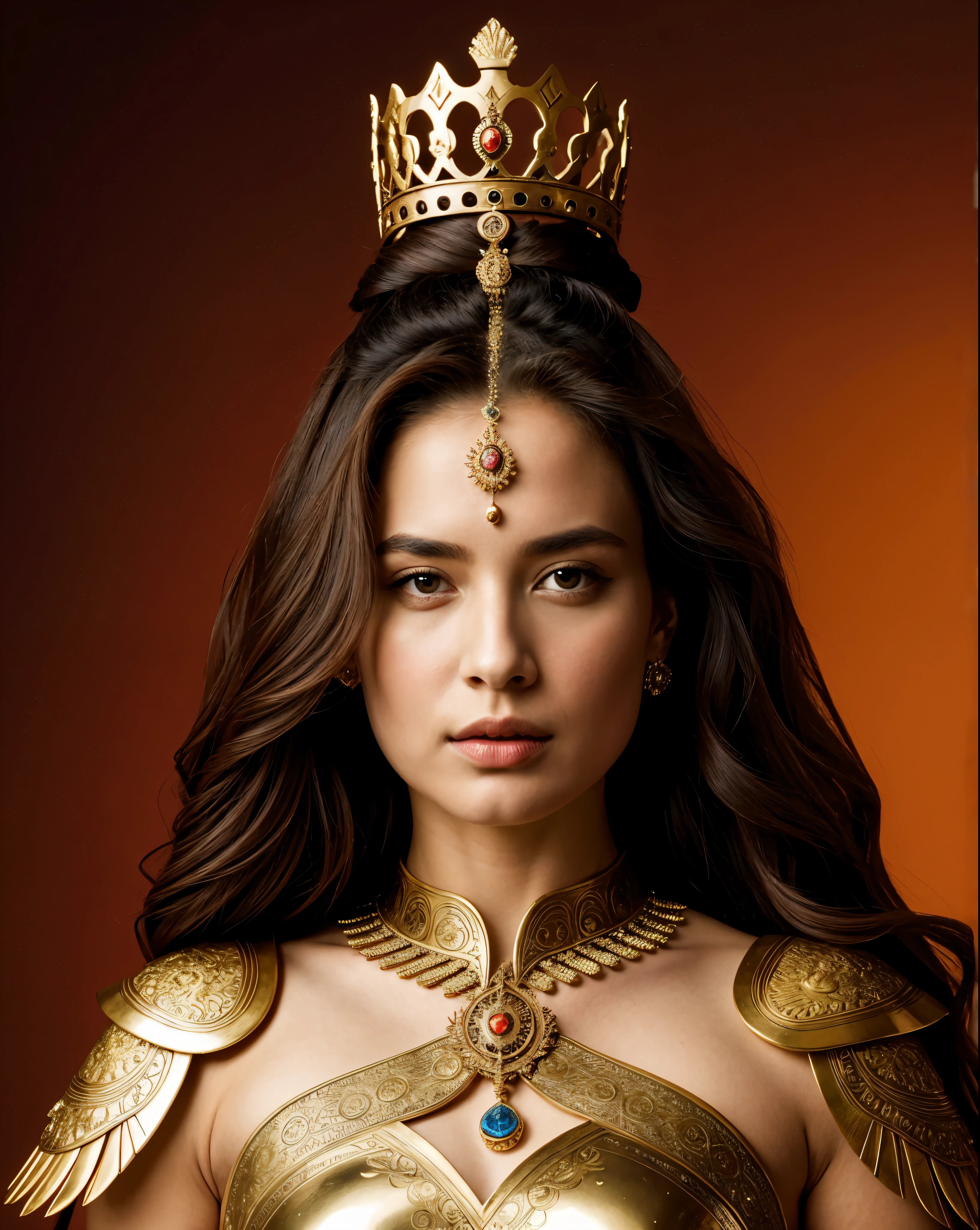 "Design an illustration of a stunning and powerful warrior queen with a regal presence. She should possess a combination of strength and grace. Imagine her in ornate, yet practical armor that complements her figure. The armor should be adorned with intricate details and symbols representing her royal lineage and warrior prowess. Her weapon of choice could be a unique and elegant sword or a mythical weapon that reflects her status as a formidable leader.

Her facial features should exude confidence and determination, with piercing eyes that convey both fierceness and wisdom. The queen's hair, whether long or short, should flow dynamically, hinting at her movement in battle. Consider incorporating elements that emphasize her connection to nature or a mythical realm, such as ethereal backgrounds, symbolic animals, or mystical symbols.

Pay attention to the color palette; use rich, bold colors that enhance her royal aura. Experiment with lighting to highlight specific details and create a sense of drama. Ensure that her posture and expression capture the essence of a queen who commands respect and admiration. Feel free to draw inspiration from historical warrior queens or fictional characters, blending elements to create a unique and captivating image."
