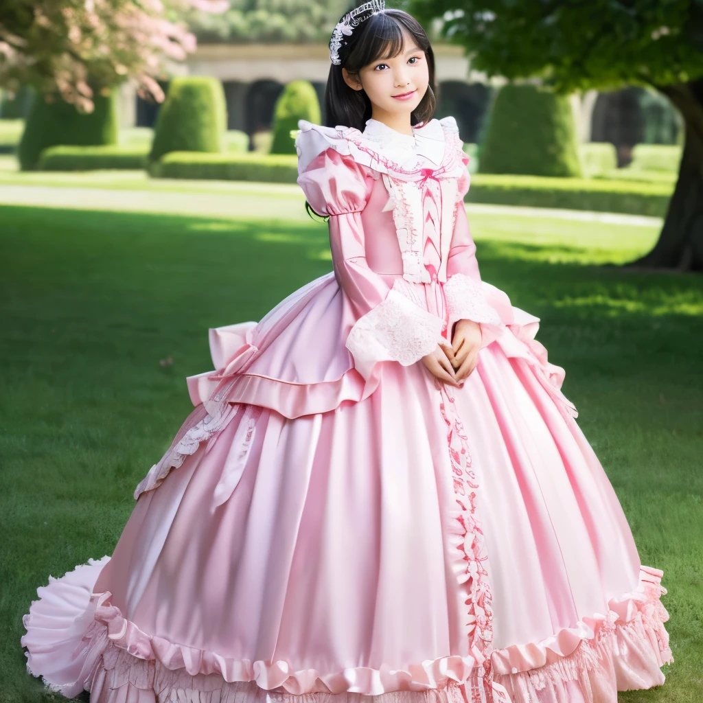 ,highest quality, masterpiece, highest resolution, artwork, super それにget used to it, many get used to it, get used to it, それにget used to it, 3k realistic pictures,The girl's whole body is reflected,(( at )),Ultra-detailed juvenile face,the girl is a princess,full length ball gown dress with hoop skirt,ruffled yoke collar,puff sleeves,long sleeve,((Lolita style hot pink princess dress with lots of frills and ribbons)),Rococo style lolita fashion,shiny satin dress,luxury,
