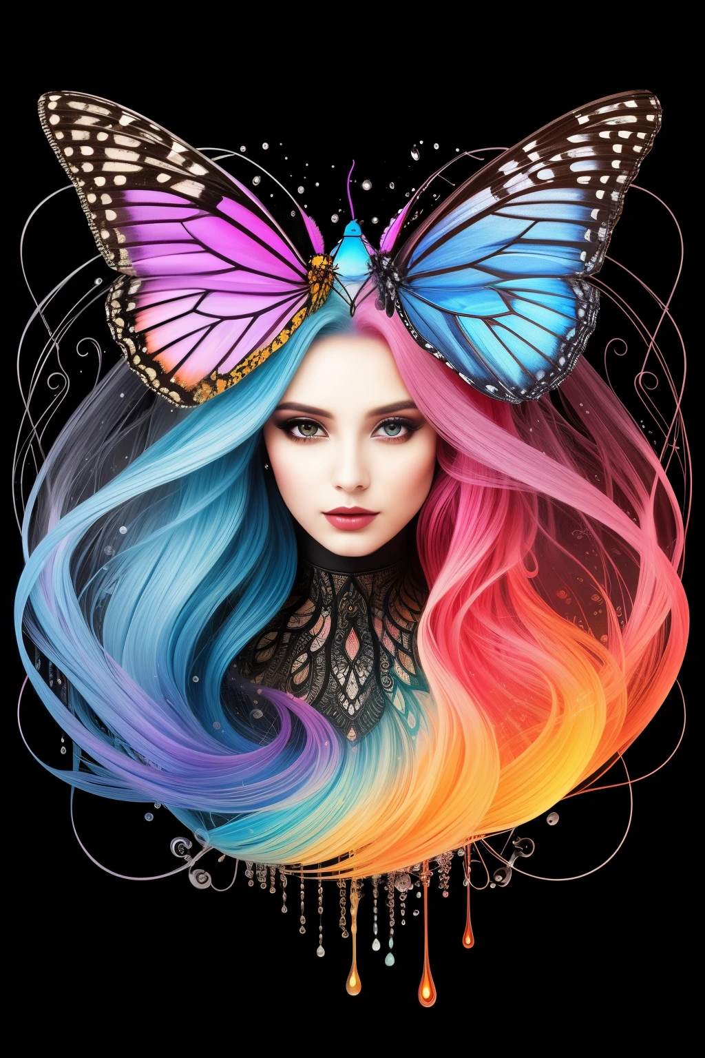 A girl with long hair and butterfly wings on her head - SeaArt AI