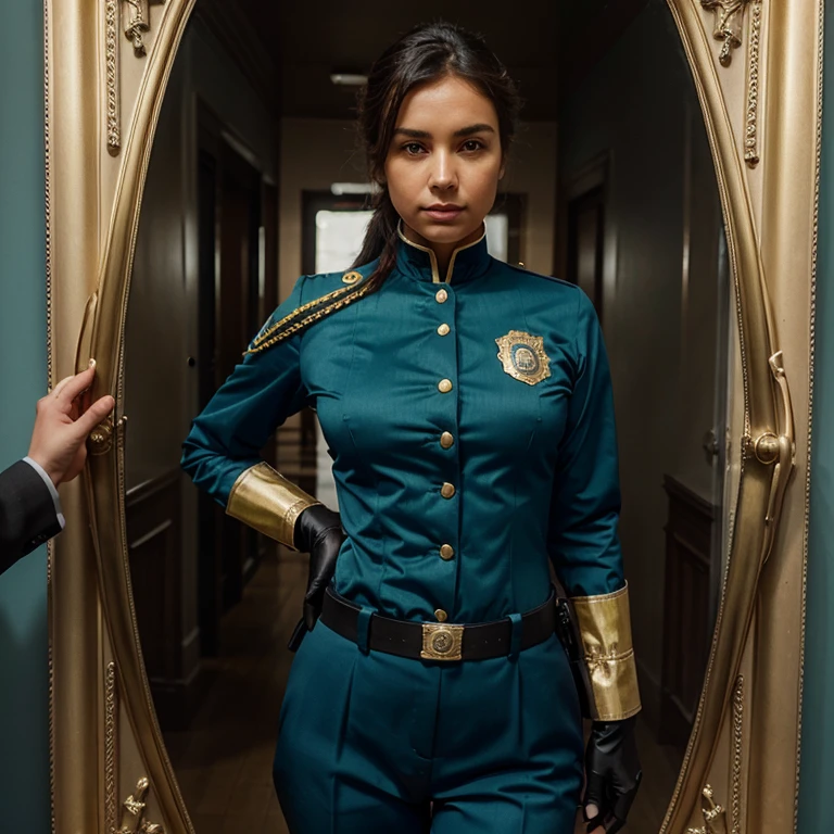 Please create an original police uniform stylized as a 19th century uniform in blue, green and gold