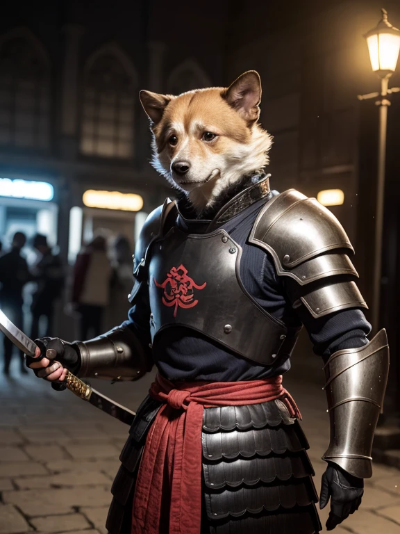 Momotaro, Ciberpunk, (Japan Katana, samurai), 1 homem, Wakame, Peach on forehead, ((mechanical armor)), campo de batalha, noite, melhor qualidade, Melhor obra-prima, High definition, 16k, 1 dog, 1 macaco, 1 Pintinho