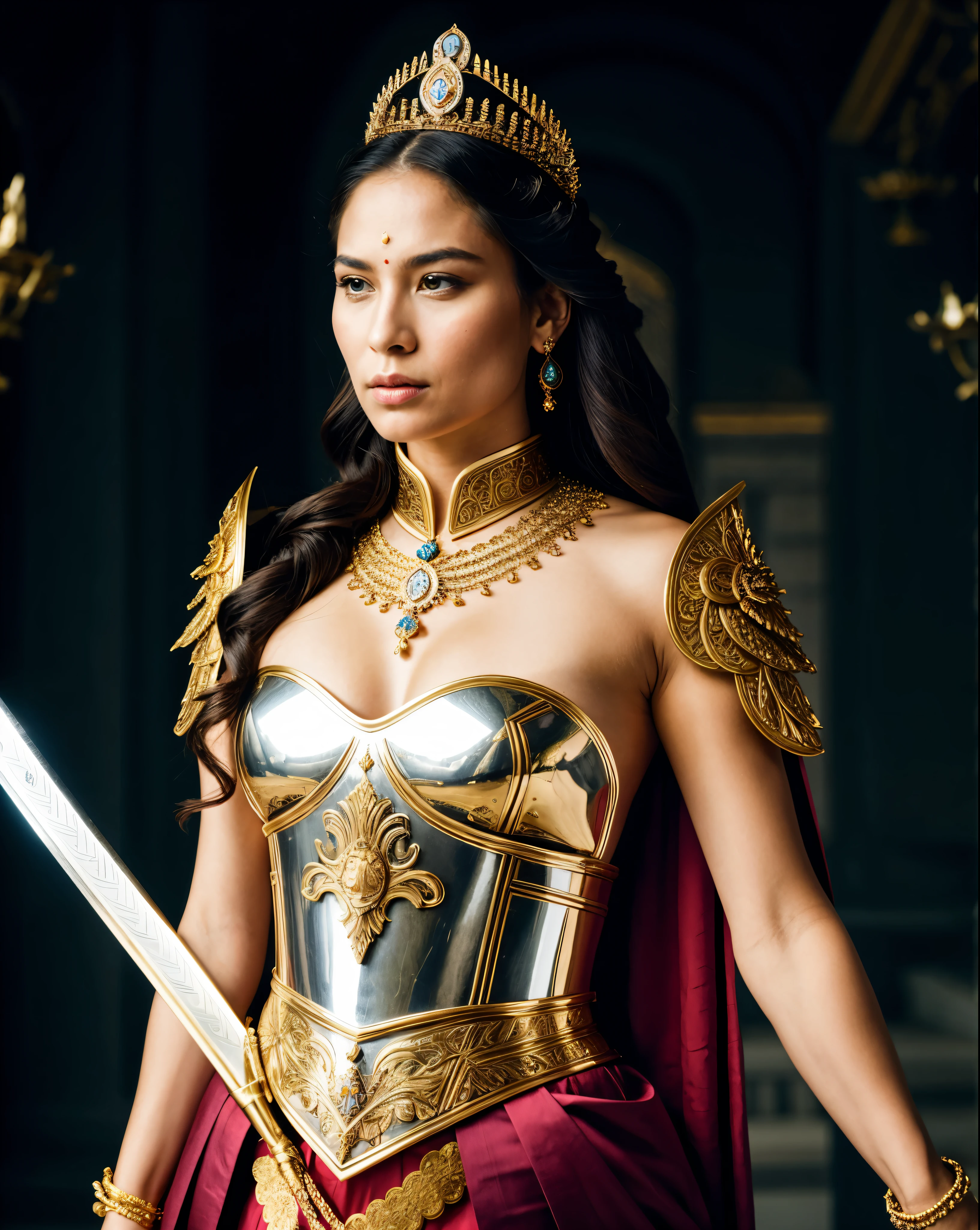 "Design an illustration of a stunning and powerful warrior queen with a regal presence. She should possess a combination of strength and grace. Imagine her in ornate, yet practical armor that complements her figure. The armor should be adorned with intricate details and symbols representing her royal lineage and warrior prowess. Her weapon of choice could be a unique and elegant sword or a mythical weapon that reflects her status as a formidable leader.

Her facial features should exude confidence and determination, with piercing eyes that convey both fierceness and wisdom. The queen's hair, whether long or short, should flow dynamically, hinting at her movement in battle. Consider incorporating elements that emphasize her connection to nature or a mythical realm, such as ethereal backgrounds, symbolic animals, or mystical symbols.

Pay attention to the color palette; use rich, bold colors that enhance her royal aura. Experiment with lighting to highlight specific details and create a sense of drama. Ensure that her posture and expression capture the essence of a queen who commands respect and admiration. Feel free to draw inspiration from historical warrior queens or fictional characters, blending elements to create a unique and captivating image."