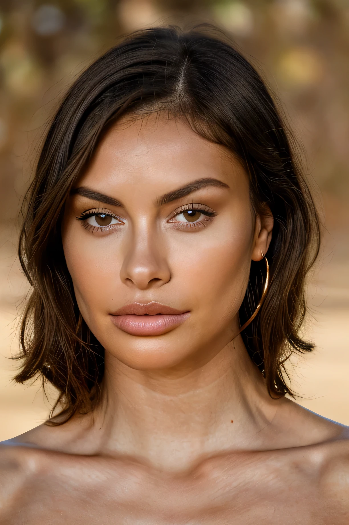 beautiful brunette woman, (26 years old, sedutive look), wearing a gold hoop earrings(full body), she has big pouty lips with lip filler, defined cheekbones and is wearing some blush. she has smouldering sexy eyes and is wearing eye makeup. Her nose is thin and small. She has a toned physique and has breast implants d size.she is 5'2 tall. closed mouth with pouty lips, masterpiece, beste-Qualit, Ultra-detailed, (Look at the viewer: 1.2) (skin texture) (film grains: 1.3), (warm hue, warm tone: 1.2), cinematiclight, sidelighting, extra high resolution, better shadow, upper body, mini bikini
