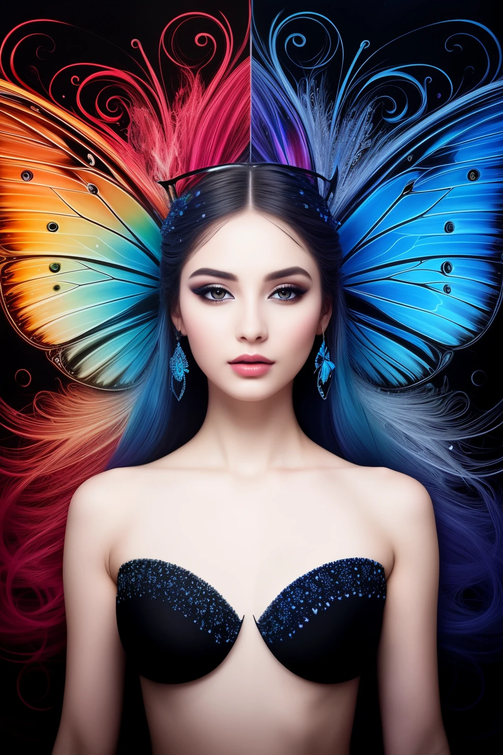 In the realm of surreal art, a captivating image emerges of a woman elegantly fused with a magnificent butterfly, an uncropped masterpiece. Her eyes, hyperdetailed and mesmerizing, reflect a captivating allure. The Tee-Shirt Design comes to life with intricate line art, engulfing a black background that intensifies the dreamlike essence.
The artistic detail on her gorgeous face is ultra detailed and natural, with a water splash color splash adding an element of whimsy. Embracing the surreal, the scene transforms as fire and ice merge, combining an ethereal splatter of black ink, liquid melting, and glowing