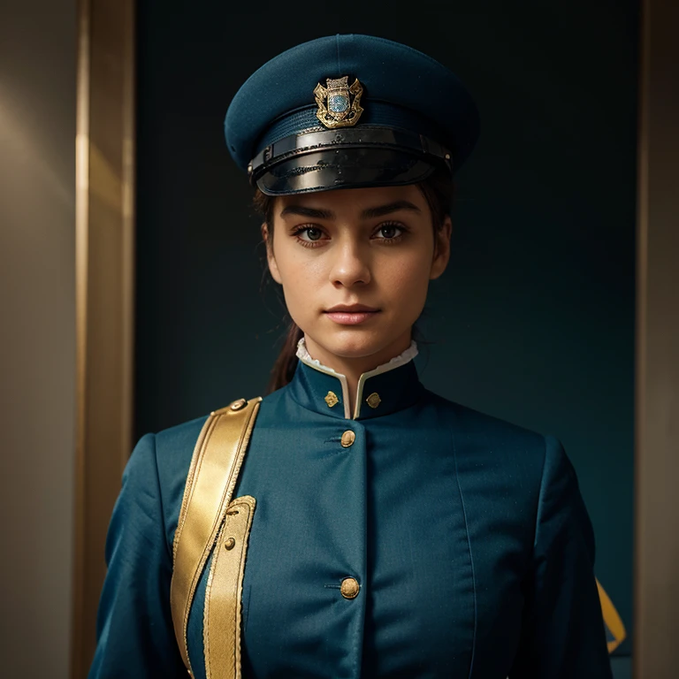 Please create an original police uniform stylized as a 19th century uniform in blue, green and details in gold