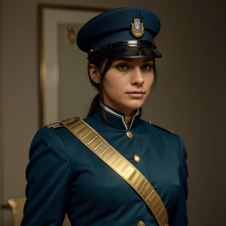 Please create an original police uniform stylized as a 19th century uniform in blue, green and details in gold