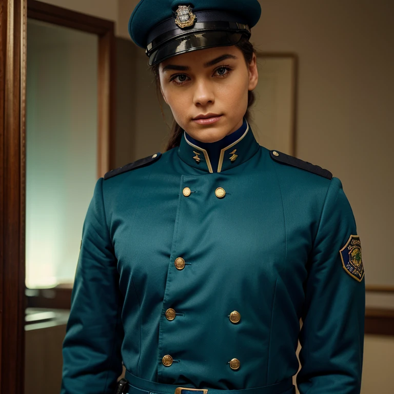Please create an original police uniform stylized as a 19th century uniform in blue, green and details in gold