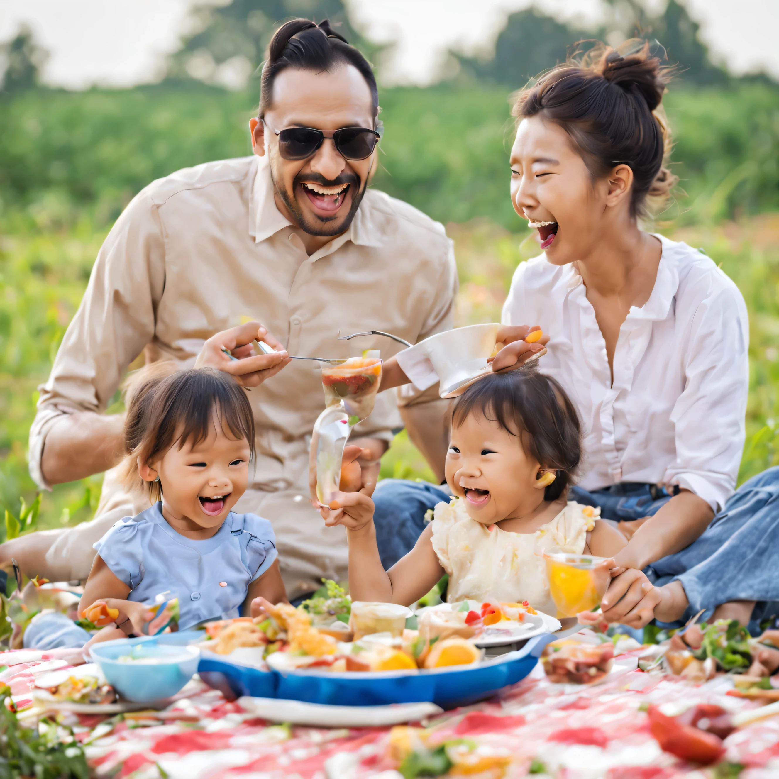 A family is eating with young ren at field So funny