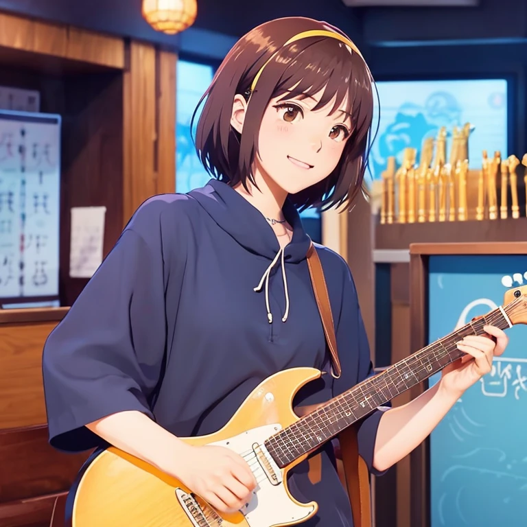 anime illustration、creation、masterpiece、A music staff lined with musical notes flows in a waving manner in the background.、Short hair goddess playing acoustic guitar