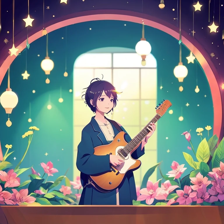 anime illustration、creation、masterpiece、A music staff lined with musical notes flows in a waving manner in the background.、Short hair goddess playing acoustic guitar