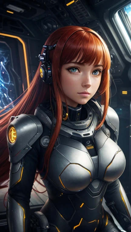 high resolution, highest quality, illustration, ultra detailed, (detailed face), (detailed eyes), cinematic lighting, Best quality, hyper detailed, masterpiece, 1 girl, Solo, red hair, yellow eyes, bangs, tail horse, mechanical column, Exosuit, wires and cables, luminous eyes, medium breasts, rays of light, (colorful), sitting, from above, cold tones, computers, science fiction