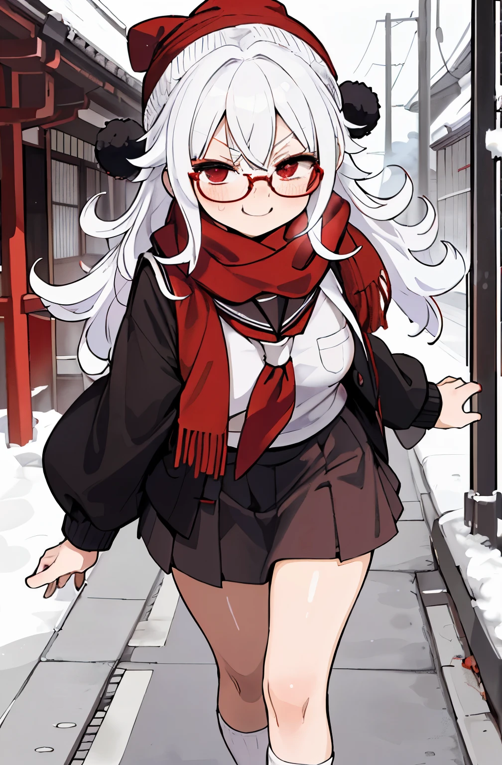 (masterpiece), best quality, expressive eyes, perfect face, , red eye, black beanie, Long fluffy curly white hair , red scarf, white japanese school uniform, short skirt, Round Glasses Black, walking in town,bright skin, smug face, 1person ,one small fang,older sister type,size c breast,