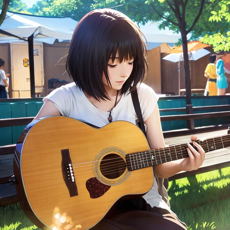 anime illustration、creation、masterpiece、surrounded by music、A short-haired goddess is playing an acoustic guitar