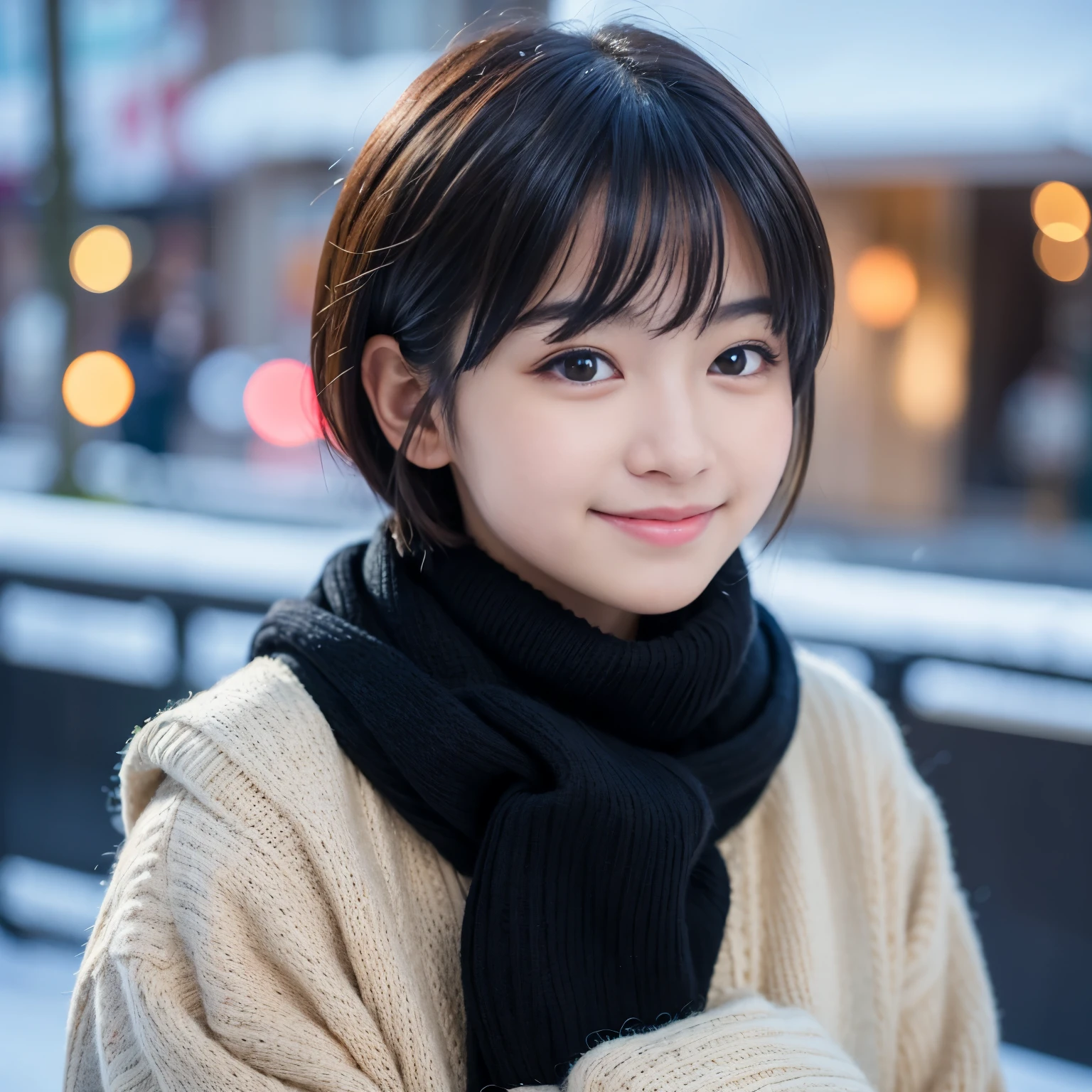 Best-quality, Masterpiece, Ultra-High-Resolution, (Photorealistic:1.4), Raw-Photo, 1girl, 15-years-old, the most famous Japanese idol, face-focus, looking at viewer, innocent-smile, wearing only winter-clothes with cute-design, extremely cute face like the most popular Japanese-idol, ((extremely beautiful big-black-solid-circle-eyes)), extremely beautiful black-short-cut-haired, extremely beautiful skins, extremely beautiful long-eyelashes, extremely beautiful lips