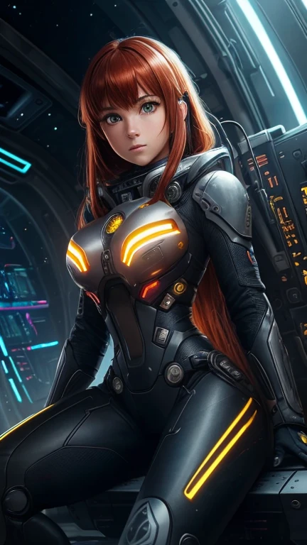 high resolution, highest quality, illustration, ultra detailed, (detailed face), (detailed eyes), cinematic lighting, Best quality, hyper detailed, masterpiece, 1 girl, Solo, red hair, yellow eyes, bangs, tail horse, mechanical column, Exosuit, wires and cables, luminous eyes, medium breasts, rays of light, (colorful), sitting, from above, cold tones, computers, science fiction