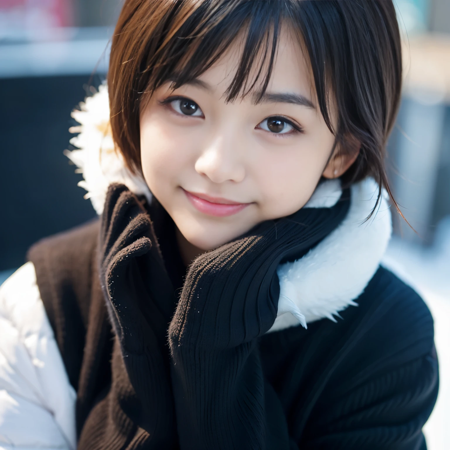 Best-quality, Masterpiece, Ultra-High-Resolution, (Photorealistic:1.4), Raw-Photo, 1girl, -yeld, thost famous Japanese idol, face-focus, looking at viewer, innocent-smile, wearing only winter-clothes with cute-design, extremely cute face like the most popular Japanese-idol, ((extremely beautiful big-black-solid-circle-eyes)), extremely beautiful black-short-cut-haired, extremely beautiful skins, extremely beautiful long-eyelashes, extremely beautiful lips