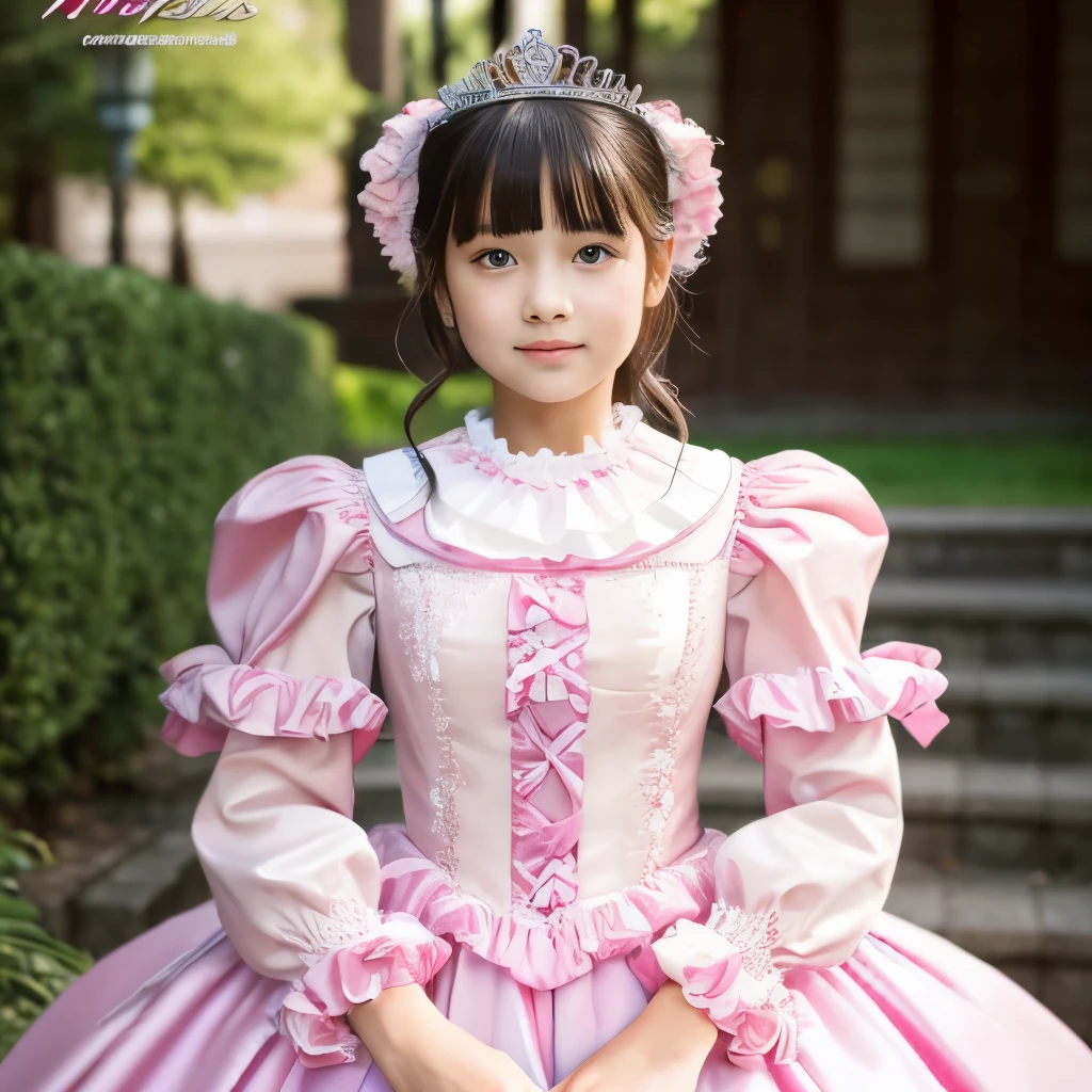 ,highest quality, masterpiece, highest resolution, artwork, super それにget used to it, many get used to it, get used to it, それにget used to it, 3k realistic pictures,(full body photo),(( at 10 years old)),Ultra-detailed juvenile face,the girl is a princess,full length ball gown dress with hoop skirt,ruffled yoke collar,puff sleeves,long sleeve,((Lolita style hot pink detailed princess dress with lots of ruffles and ribbons)),Rococo style lolita fashion,shiny satin dress,Soft and smooth fabric,luxury,