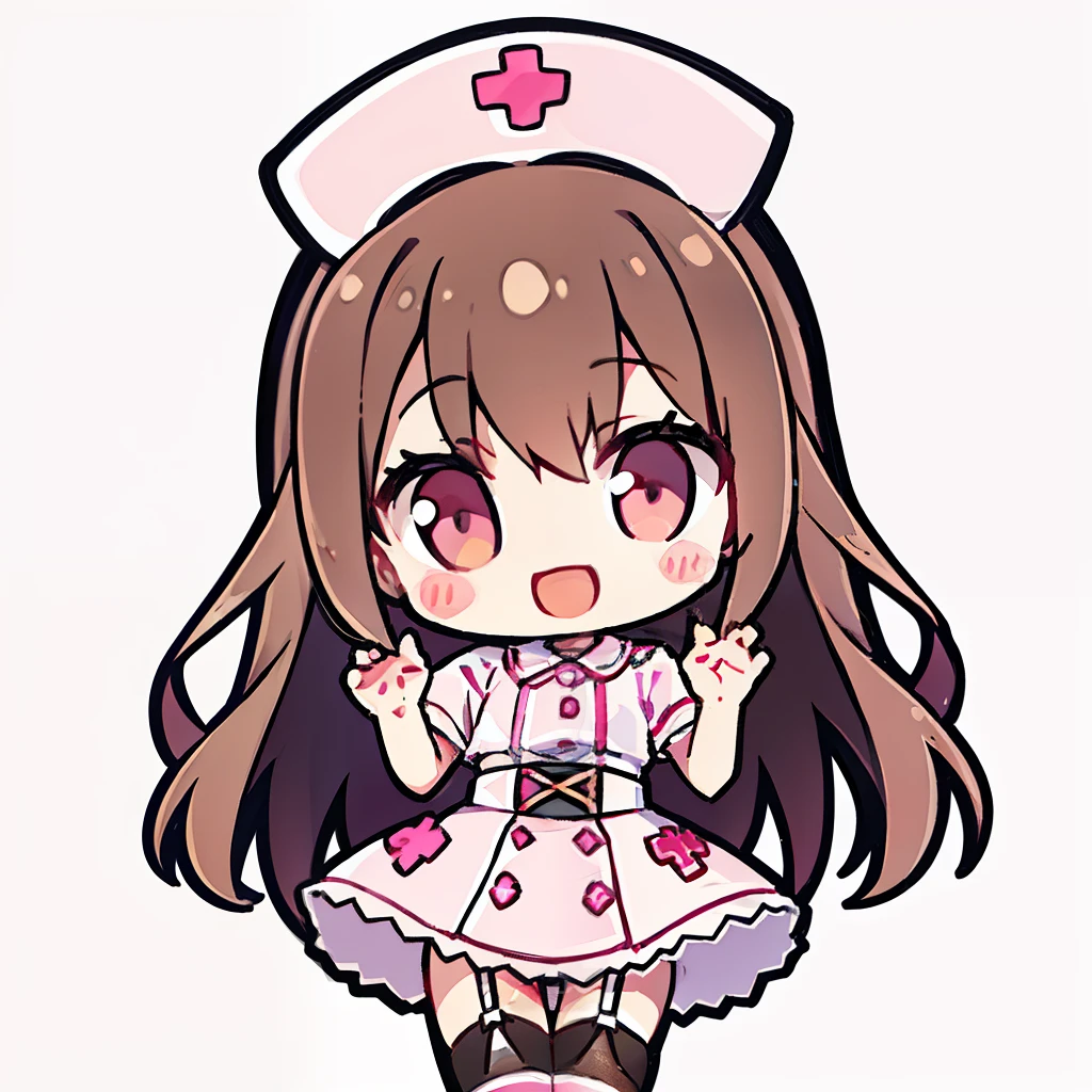 muste piece、super detailed、High quality、masterpiece、highest quality, 1 girl, light brown hair:1.5、wavy long hair、brown eyes、alone、Happy to raise both hands、Very happy smile、Nurse Uniform、garter belt、garter stockings、cross mark nurse cap、{{pink background、 background:1.8}}、Full body Esbian、icon、