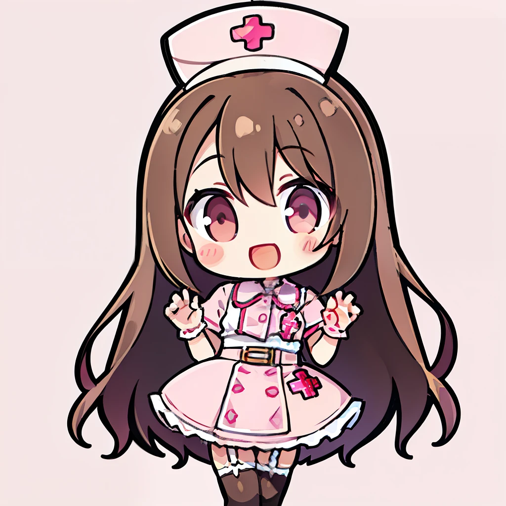 muste piece、super detailed、High quality、masterpiece、highest quality, 1 girl, light brown hair:1.5、wavy long hair、brown eyes、alone、Happy to raise both hands、Very happy smile、Nurse Uniform、garter belt、garter stockings、cross mark nurse cap、{{pink background、 background:1.8}}、Full body Esbian、icon、