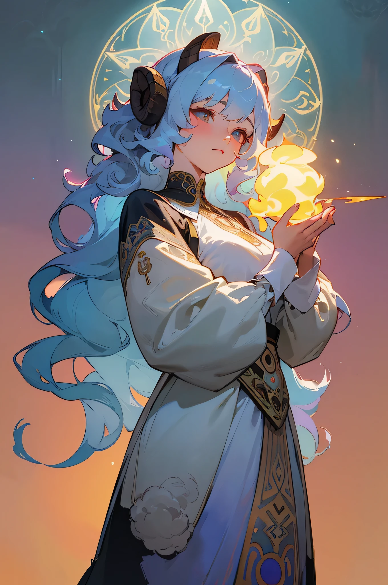 masterpiece, neon,highest quality, (Highly detailed CG Unity 8K wallpaper), (highest quality), (best illustrations), Beautiful woman、goat, Beautiful woman with sheep'horn、Silvery curly hair、white fluffy dress、Long sleeves with cuffs、horoscope, Mysterious, Alphonse Mucha, art nouveau line, awesome full color, watercolor painting