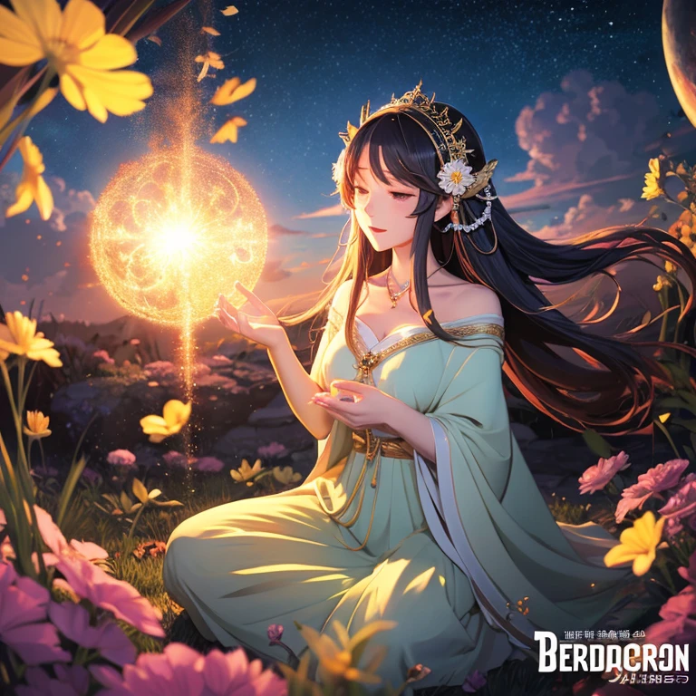 anime illustration、creation、masterpiece、goddess、surrounded by sound、ショートヘアのgoddessがアコースティックギターを弾く