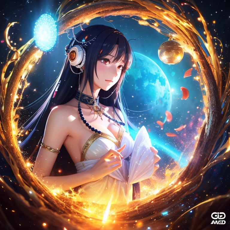 anime illustration、creation、masterpiece、goddess、surrounded by sound、ショートヘアのgoddessがアコースティックギターを弾く