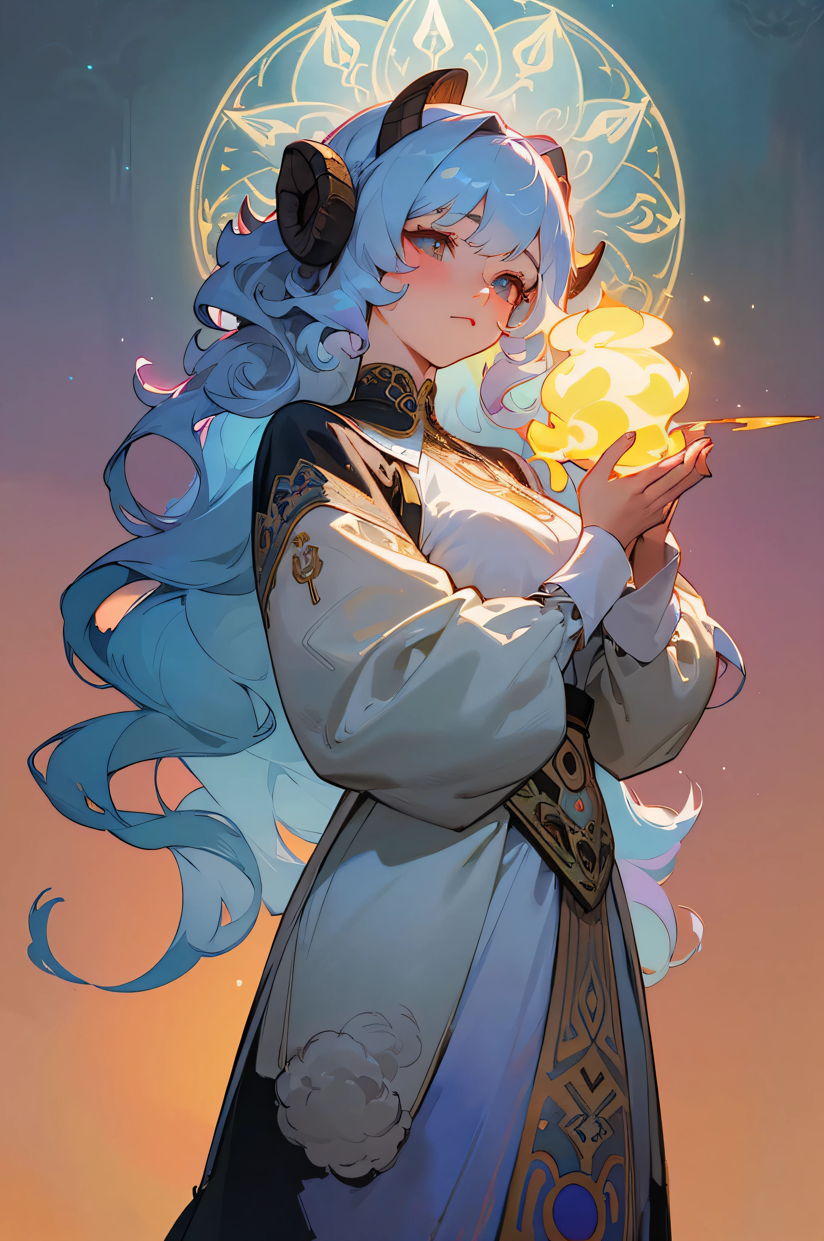 masterpiece, neon,highest quality, (Highly detailed CG Unity 8K wallpaper), (highest quality), (best illustrations), Beautiful woman、goat, Beautiful woman with sheep'horn、Silvery curly hair、white fluffy dress、Long sleeves with cuffs、horoscope, Mysterious, Alphonse Mucha, art nouveau line, awesome full color, watercolor painting
