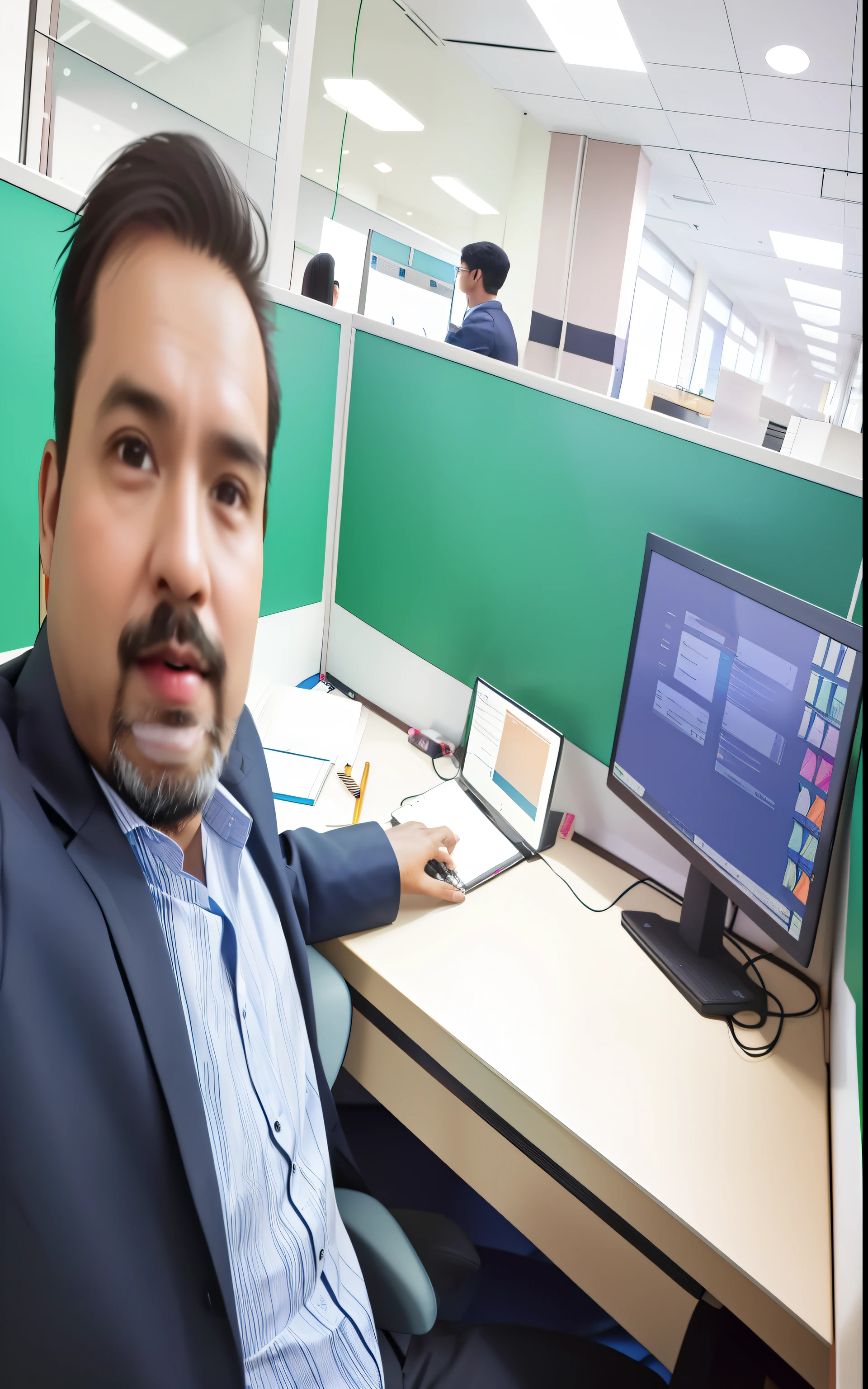 there is a man sitting at a desk with a computer, in office, sitting in office, in the office, working in an office, in an office, candid picture, with accurate face, very very low quality picture, very artistic pose, inspired by Bikash Bhattacharjee, sat in an office, working hard, very busy place, candid photo