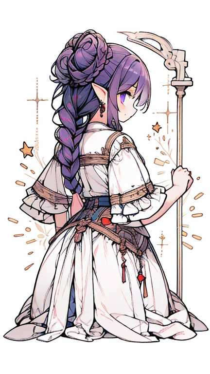  pointy ears, earrings, jewelry, hair bun, 1girl, double bun, braid, multiple views, purple hair, drill hair, from behind